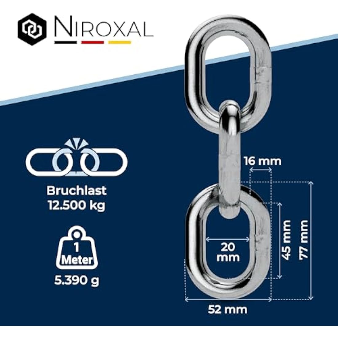 150 cm = 1.5 m 16 mm thick anchor chain, sold by the metre, V4A metal chain, short links in one piece, swing chains, A4, DIN 56856, iron chain, DIN 766, rustproof barrier chain, stainless steel, 1.5 m