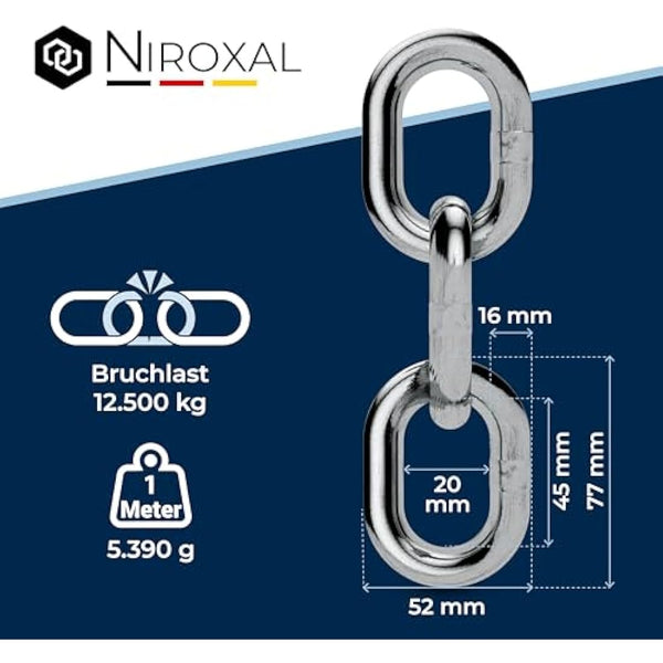 150 cm = 1.5 m 16 mm thick anchor chain, sold by the metre, V4A metal chain, short links in one piece, swing chains, A4, DIN 56856, iron chain, DIN 766, rustproof barrier chain, stainless steel, 1.5 m