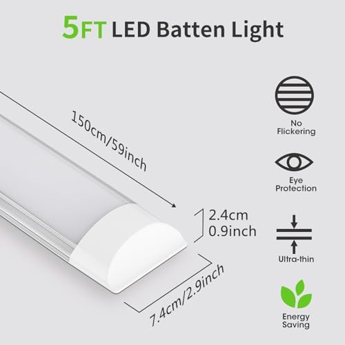 HUMIGA 5FT LED Batten Light, 50W Low Profile Wall Ceiling Surface Mounted Fitting, IP20 Slim Wide Tube Lighting for Office/Home/Shop/Workshop/Warehouse, Neutral White 4000K, 4 Pack