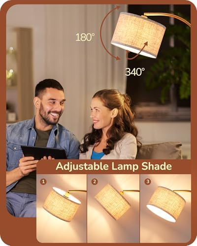 EDISHINE LED Floor Lamp, 63" Standing Lamp with Adjustable Linen Shade, Gold Metal Arc Light Pole, Modern Simple Floor Lamps for Living Room, Lounge, E27 Socket
