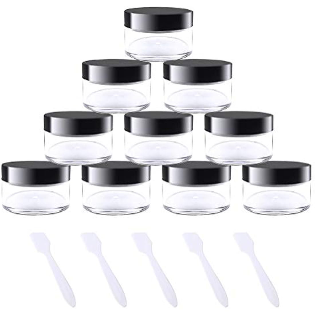 kuou 10 * 15ml Empty Plastic Cosmetic Jars, Sample Containers Pots Bottles with Black Screw Lids and 5pcs Spatulas for DIY Travel Makeup Creams/Powder/Mineral Make Up Cosmetic