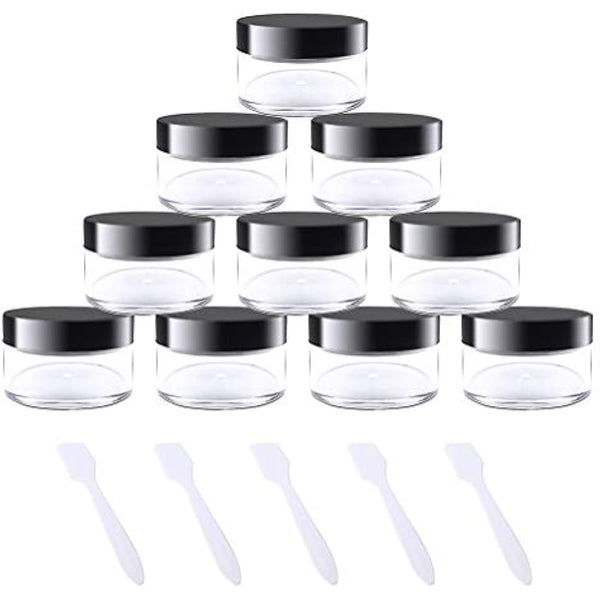 kuou 10 * 15ml Empty Plastic Cosmetic Jars, Sample Containers Pots Bottles with Black Screw Lids and 5pcs Spatulas for DIY Travel Makeup Creams/Powder/Mineral Make Up Cosmetic