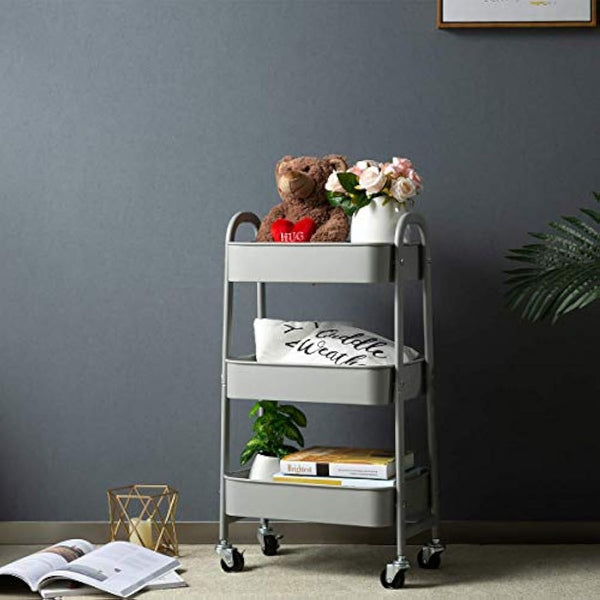 DOEWORKS Storage Trolley on Wheels 3-Tier Kitchen Trolley Rolling Beauty Trolleys Craft Trolleys Metal Storage Cart for Bedroom Bathroom Office, Grey