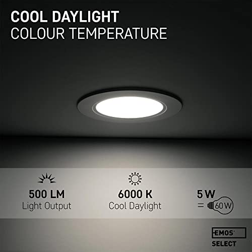 EMOS LED Downlights for Ceiling, 5W/500 Lumens, Cold White 6000K | IP54 Waterproof LED Spot Lights for Bathroom etc. | Set of 6 Recessed LED Ceiling