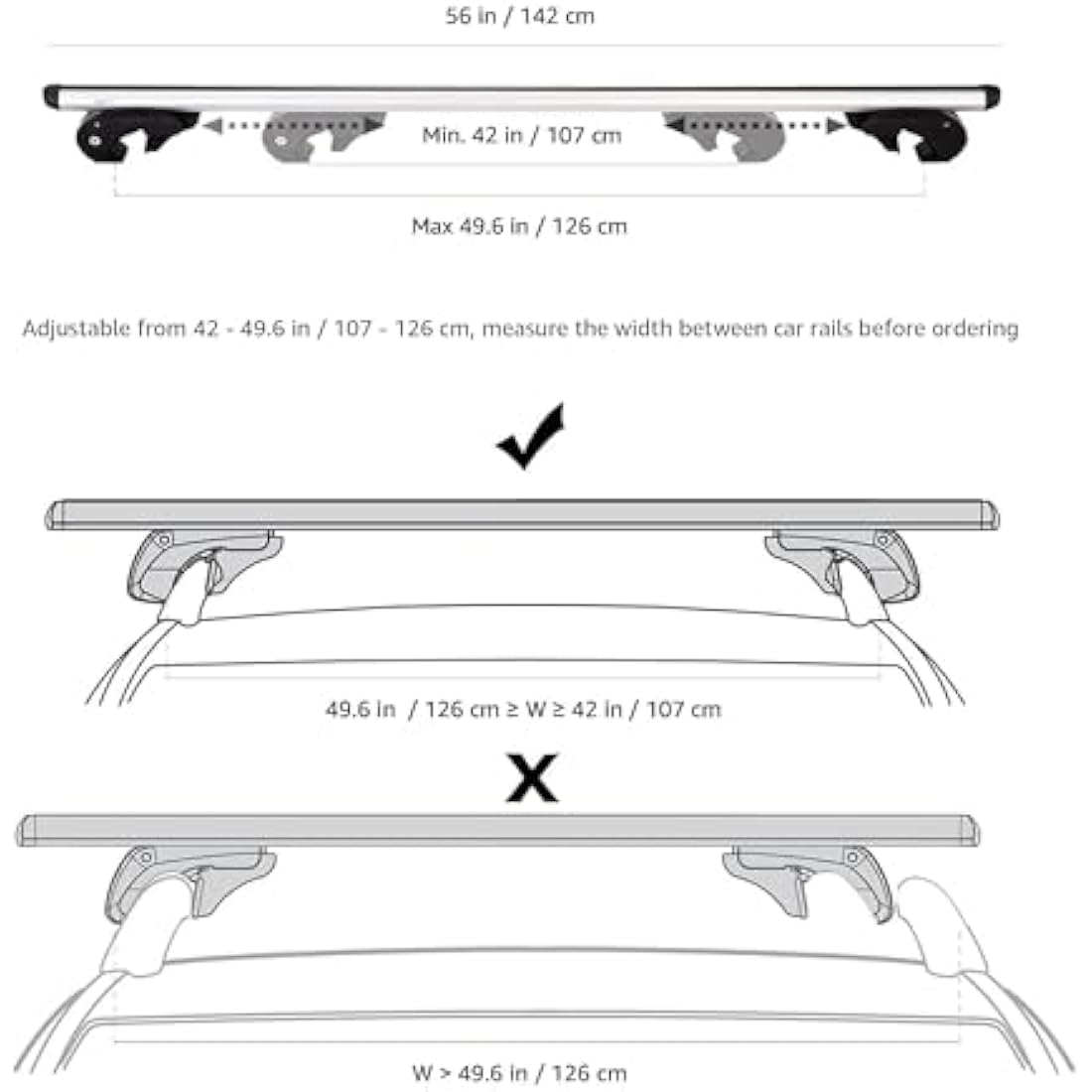 Amazon Basics Cross Rail Roof Rack, 142 cm, Fits up to 126 cm Spans between Raised Side Rails with Gap, Pack of 2, Black/Silver