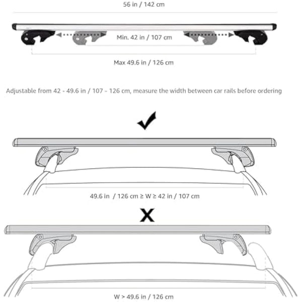 Amazon Basics Cross Rail Roof Rack, 142 cm, Fits up to 126 cm Spans between Raised Side Rails with Gap, Pack of 2, Black/Silver