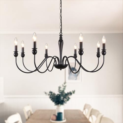 ASHUAQI Black Chandelier, 8-Light Farmhouse Chandeliers Ceiling Light, E14 Socket Pendant Light Fitting Industrial Black Ceiling Lights for Living Room, Kitchen, Hallway, Dining Room, Bedroom