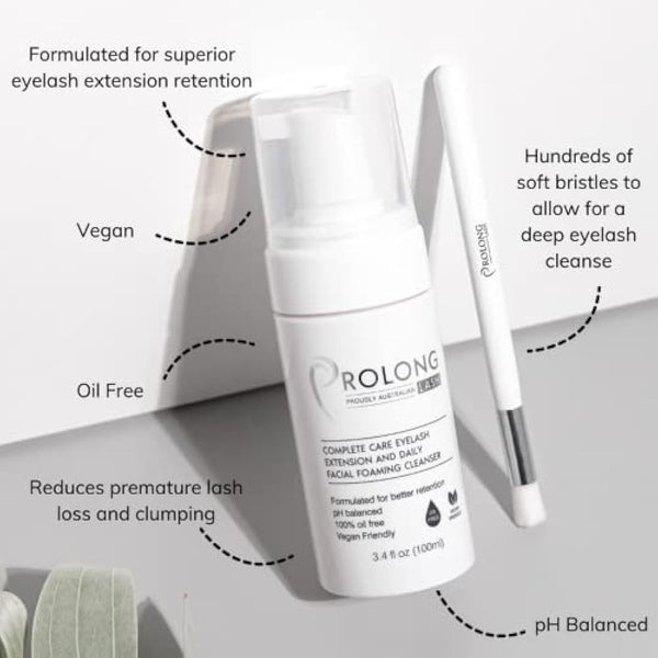 Eyelash Extension Shampoo & Brush - 100ml Bottle - Gentle Foaming Cleanser For Extensions & Natural Lashes - Makeup Remover - Paraben & Sulfate Free - Salon & Home Use