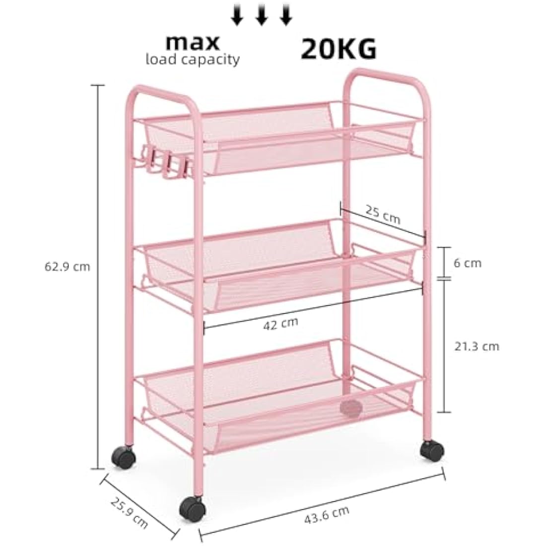 APEXCHASER 3-Tier Rolling Cart,Easy Assemble Mobile Storage Trolley On Wheels,Slide Out Utility Cart Shelving Units Kitchen Bathroom Laundry Room,Pink
