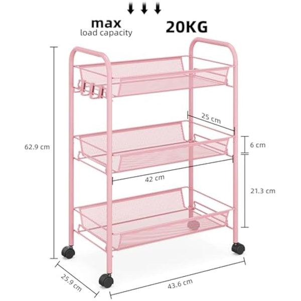 APEXCHASER 3-Tier Rolling Cart,Easy Assemble Mobile Storage Trolley On Wheels,Slide Out Utility Cart Shelving Units Kitchen Bathroom Laundry Room,Pink