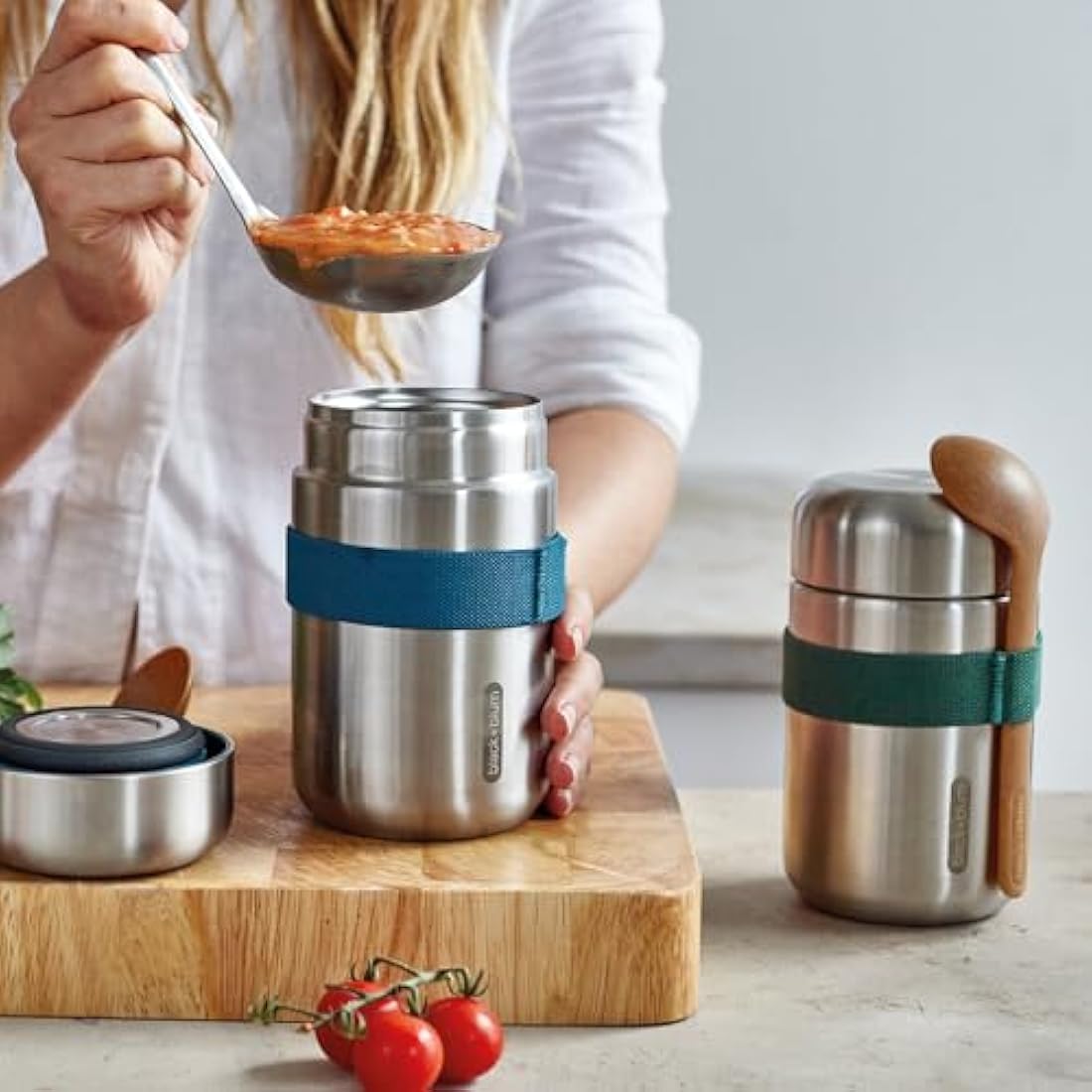BLACK + BLUM - Food Flask - Vacuum Insulated 304 Stainless Steel Food Container with Leak Proof Lid, Nylon Strap and Natural Wood Fibre Spoon - Keeps Hot for 6 hrs, Cold for 8 hrs, Olive - 400ml