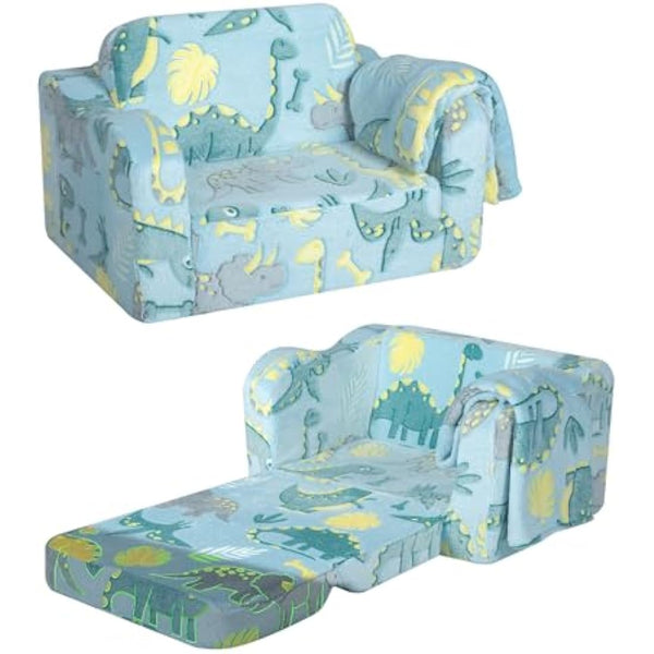 MeMoreCool Kids Couch Sofa, Folding Toddler Chair Bed, Soft Plush Fold Out Kids Armchair Sofa Glow in The Dark, Comfy Baby Recliner for Girls Boys, Glowing Dinosaur, Blue