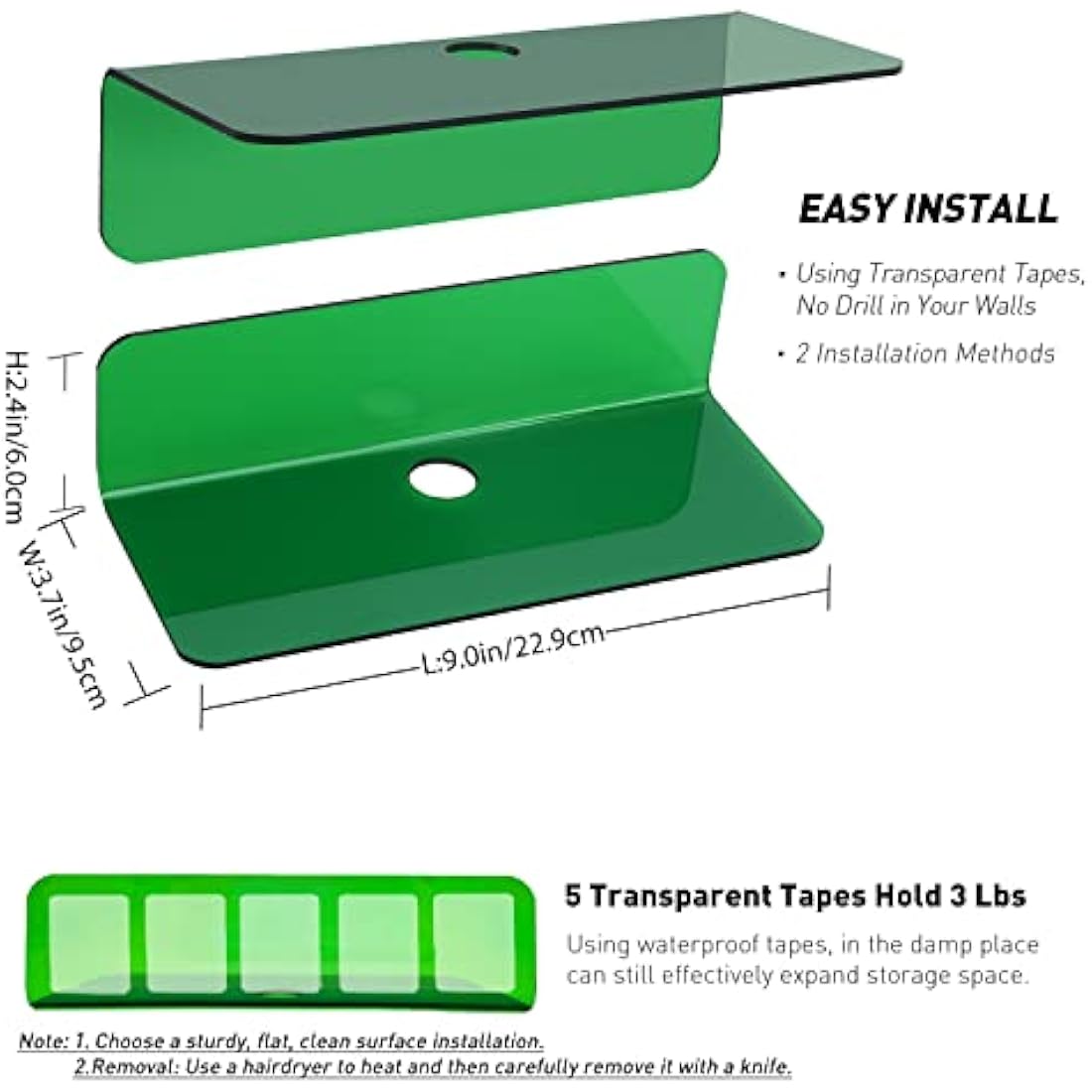 OAPRIRE Acrylic Floating Wall Shelves Set of 2 - Easily Expand Wall Space - Small Shelf for Bathroom, Bedroom, Kitchen, etc - with Cable Clip, Drill-free installation, 9 Inch - Emerald Green