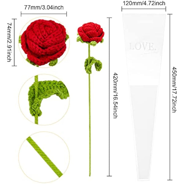 FINGERINSPIRE 2pcs Handmade Knitted Rose Flower with Package Bag Artificial Knitted Flowers Crochet Rose Handmade Single Red Roses for Wife/Girlfriend/Lovers, Birthday, Anniversary, Festival Gift