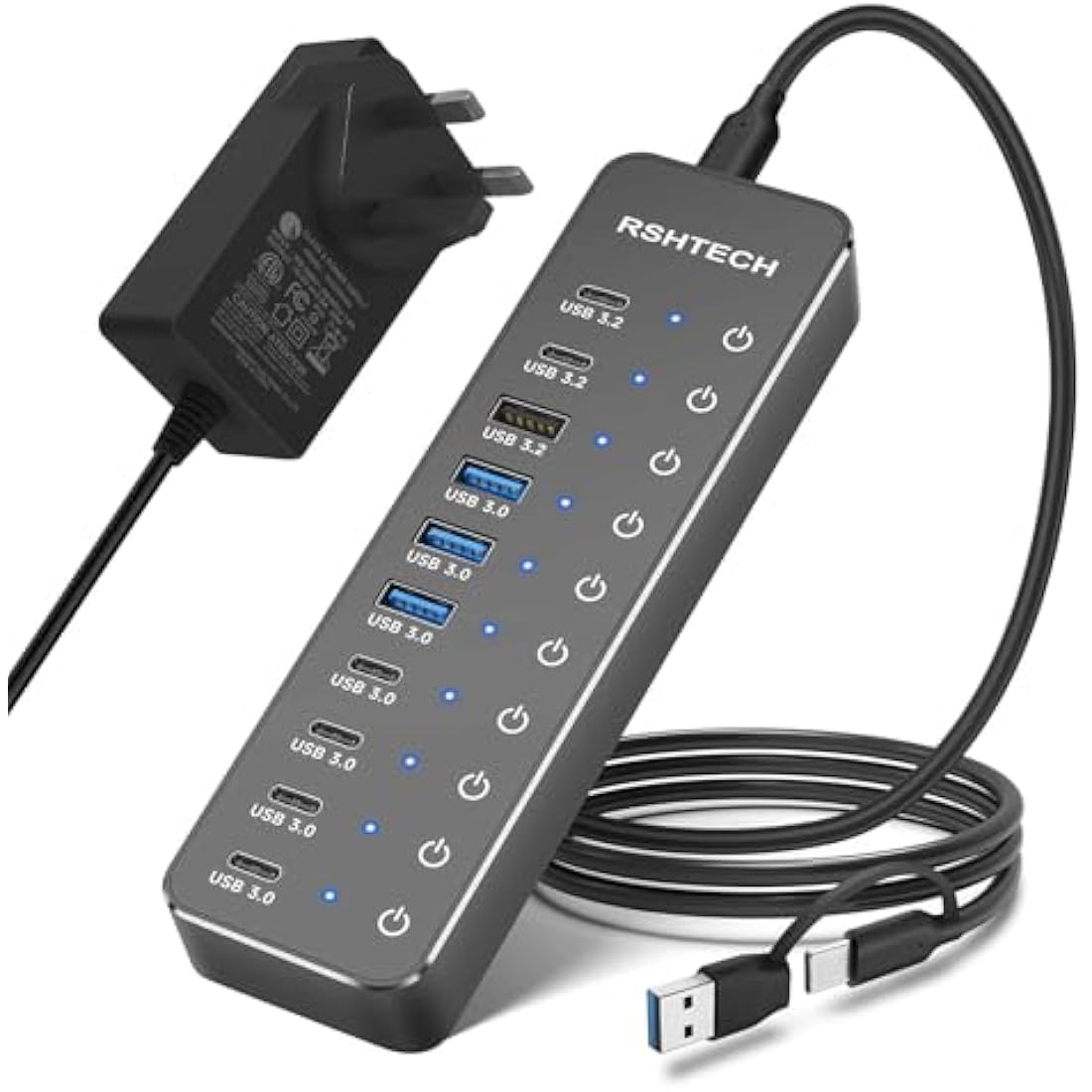 RSHTECH Powered USB C/3.2 Hub 60W, 10 Port USB HUB with 3x 10Gbps USB 3.2 Ports (2C+1A), 7x 5Gbps USB 3.0 Ports (4C+3A), 3.3ft USB-C/A Cable and 12V/5A Power Adapter