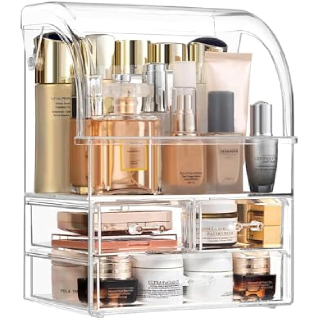 SIOOUI Cosmetic Organizer, Large Acrylic Clear Cosmetics Storage Display Case with Drawers, Perfume Makeup Organizer Box with Waterproof Cover for Bedroom Vanity Desk,Counter, Bathroom, Dresser