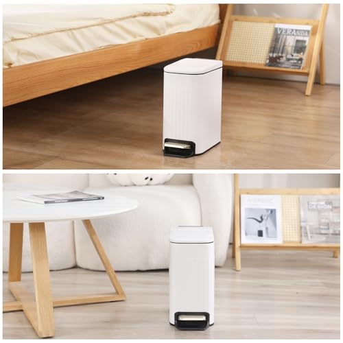 ELPHECO Slim Bathroom Trash Can Foot-Operated Stainless Steel Garbage Can with Soft Close Lid Step Trash Bin with Removable Inner Bucket for Bedroom, Office, Kitchen (White, 1.8 Gallons)