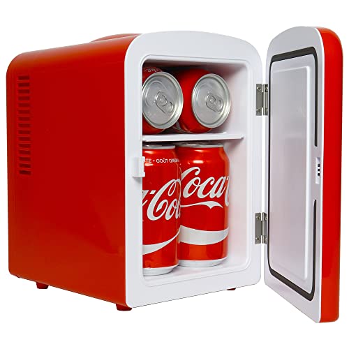 Coca-Cola Mini Fridges for Bedrooms 4L Quiet Small 6 Can Table Top Fridge For Drinks Food Coke Kids Skincare Office Home Desk Portable Retro Cooler Warmer with Built-In Bluetooth Wireless Speaker Red