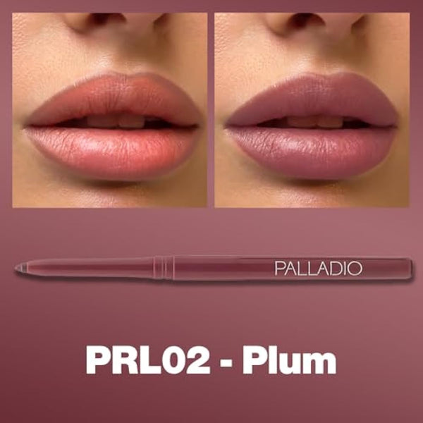 Palladio Retractable Waterproof Lip Liner High Pigmented and Creamy Color Slim Twist Up Smudge Proof Formula with Long Lasting All Day Wear No Sharpener Required, Plum