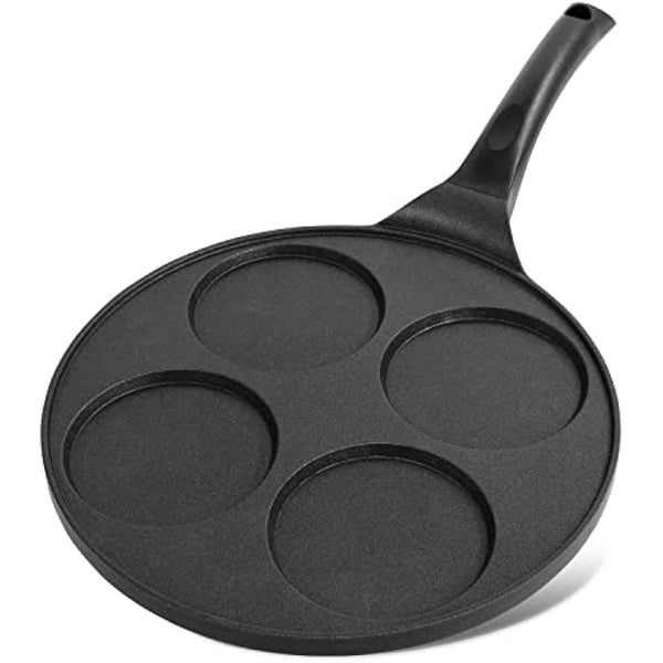 Joejis 4 Hole Pancake Pan 26cm - Non Stick and Induction Suitable - Mini Egg Crepe Tadka Pan - Lightweight Cast Aluminium - Pancake Frying Pan - Black