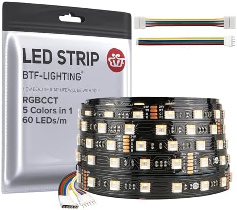 BTF-LIGHTING RGBCCT 5 Colors in 1 5050SMD LED Strip DC24V 5M 60LEDs/m 300LEDs RGB+Warm White+Cold White Black PCB IP30 Non-Waterproof for Indoor Decoration(Controller and Power Supply Not Included)