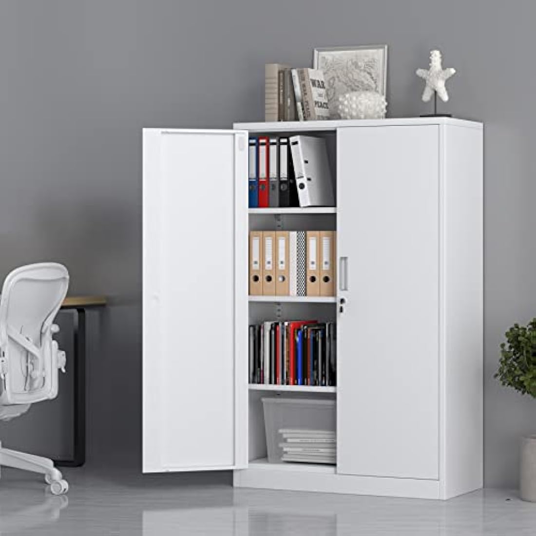 iJINGUR Metal Storage Cabinet with Locking Doors and 3 Adjustable Shelves, Lockable Steel Storage Cupboard for Home Office and Garage (White)
