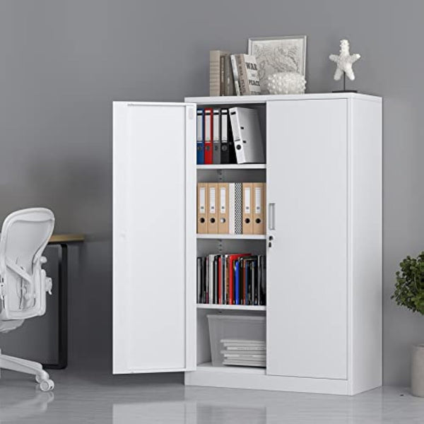 iJINGUR Metal Storage Cabinet with Locking Doors and 3 Adjustable Shelves, Lockable Steel Storage Cupboard for Home Office and Garage (White)