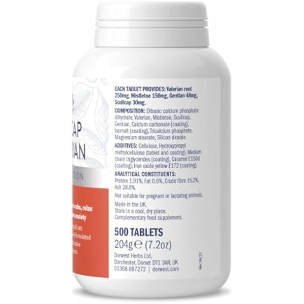 DORWEST HERBS Scullcap & Valerian Calming Tablets for Dogs and Cats, 500 Tablets, Natural Dog Calming Supplements for Stress and Anxiety Relief – Sugar-Free, Non-Drowsy, Light Yellow Tablet, 14DOR018