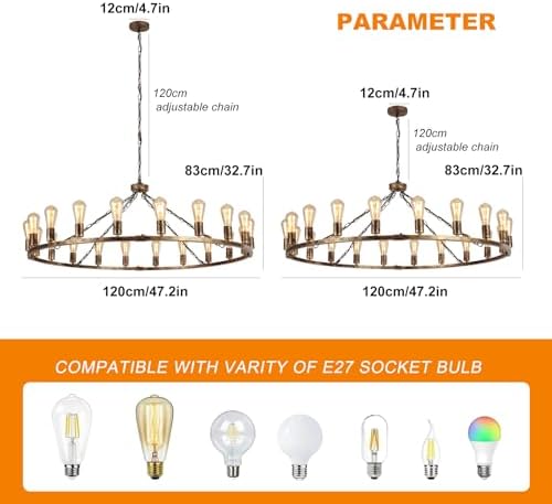 Eoodis Wagon Wheel Chandelier 20 Lights Bronze Rustic Pendant Light Large 120cm Metal Round Chandeliers Ceiling Light Fixture for Kitchen, Living Room