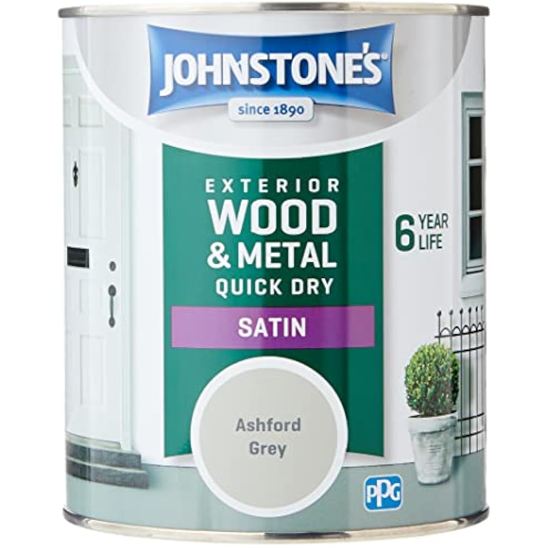 Johnstone's - Quick Dry Satin - Ashford Grey - Satin Finish - Exterior Wood & Metal - Resistant to cracking & peeling - 6 years of life - 12m2 Coverage per Litre - 0.75 L