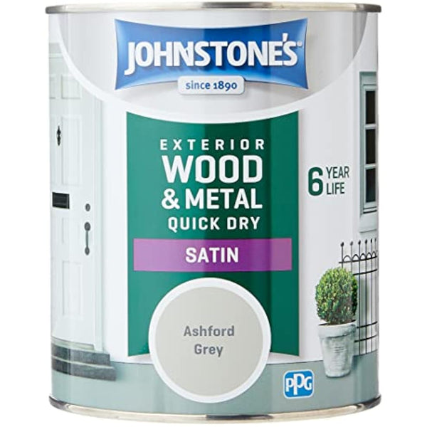 Johnstone's - Quick Dry Satin - Ashford Grey - Satin Finish - Exterior Wood & Metal - Resistant to cracking & peeling - 6 years of life - 12m2 Coverage per Litre - 0.75 L