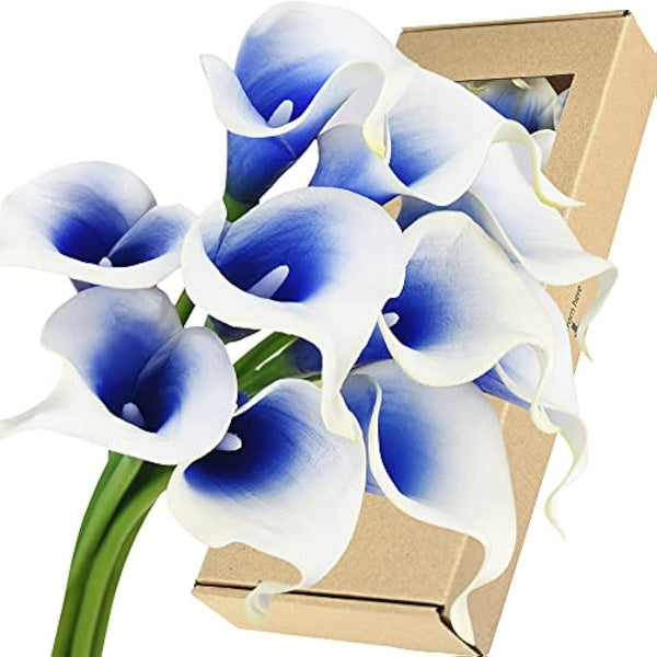 FiveSeasonStuff 10 Stems Real Touch Calla Lilies Artificial Flower Bouquet in Gift Box, Perfect for Wedding, Bridal, Party, Home Office Décor DIY (White & Blue)