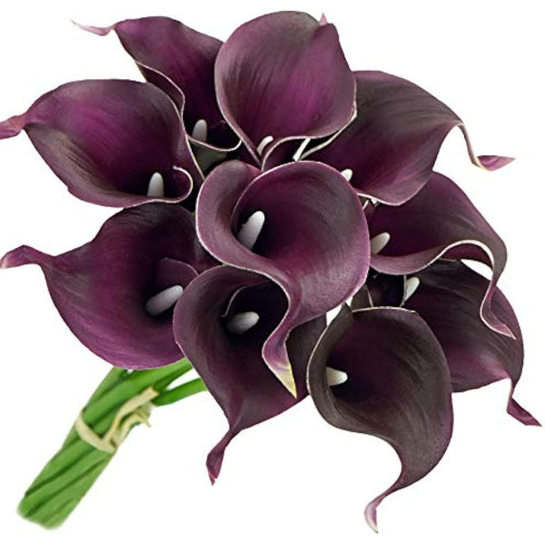 FiveSeasonStuff 10 Stems of Real Touch Calla Lilies Artificial Flower Bouquet, Perfect for Wedding, Bridal, Party, Home Office Décor DIY (Totally Dark Magenta)