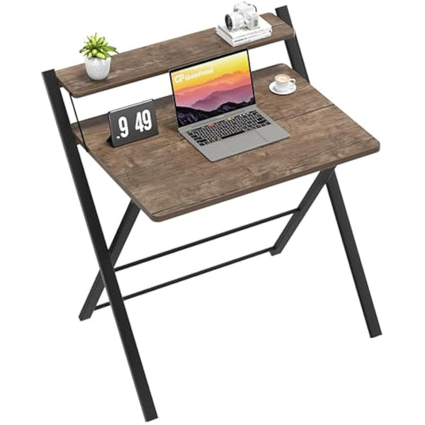 GreenForest Foldable Desk No Assembly Required,Small Desk with Monitor Shelf,Computer Desk for Small Space,Brown