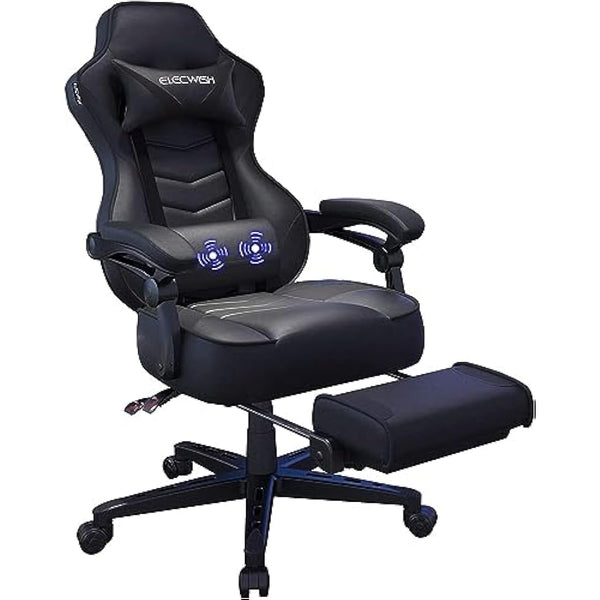 Fullwatt Racing Gaming Chair for adults with Footrest and Massage Lumbar Pillow, Swivel Height Adjustable Reclining PU Leather Video Game Chair, E-Sports Gaming Chair Big and Tall(Black)