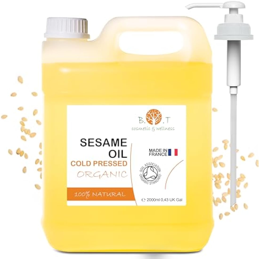 100% Pure Organic Sesame Oil - Cold-Pressed, Natural Skincare and Haircare, Certified Organic, Perfect for Ayurveda Massage - 2000 ml (67.6 fl oz)