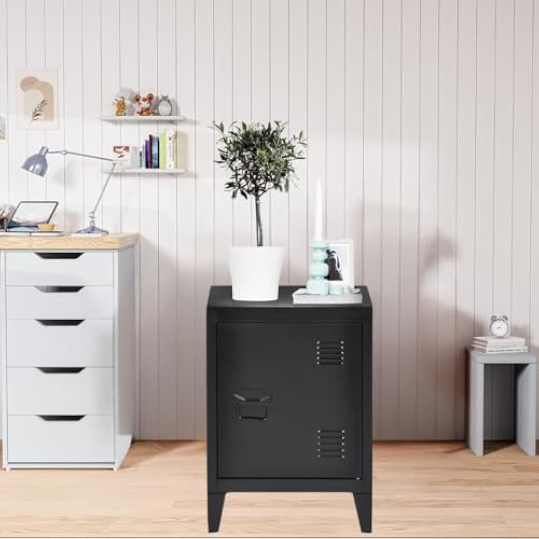 Homybec Single Metal Locker Storage Cabinet 1-Door, Scandinavian Free Standing 2 Tier Shelves Bedside Nightstand Cupboard for Home Office Study Bedroom Living Room, Black