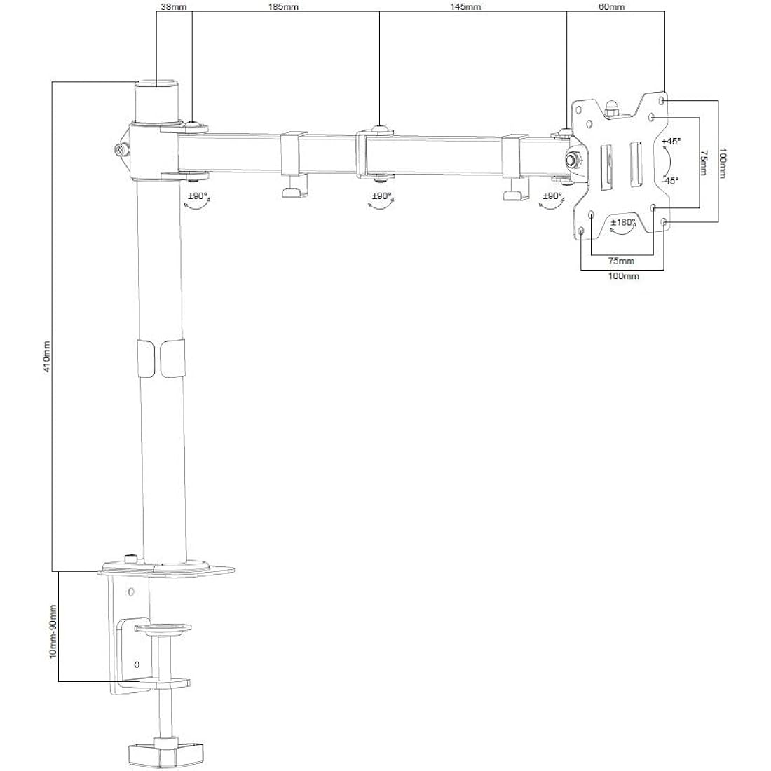 ProperAV Desk Monitor Mount Swing Arm 17" 19" 21" 22" 23" 24" 27" 32" 34" VESA Max 100x100 Height Max 407mm