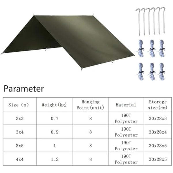HIDEWALKER Camping Tarp Shelter 3x3m 3x4m 3x5m Lightweight Tent Tarpaulin Waterproof Tent Awning Canopy Basha Sunshade for Hiking Backpacking (Olive Green, 3x4m)