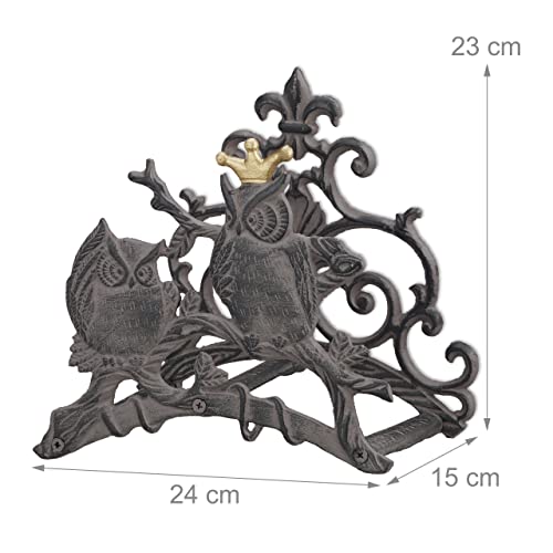 Relaxdays Garden Hose Holder, Cast Iron, Owl, Nostalgic Hose Reel, Wall-Mounted, HxWxD: 23 x 24 x 15 cm, Grey