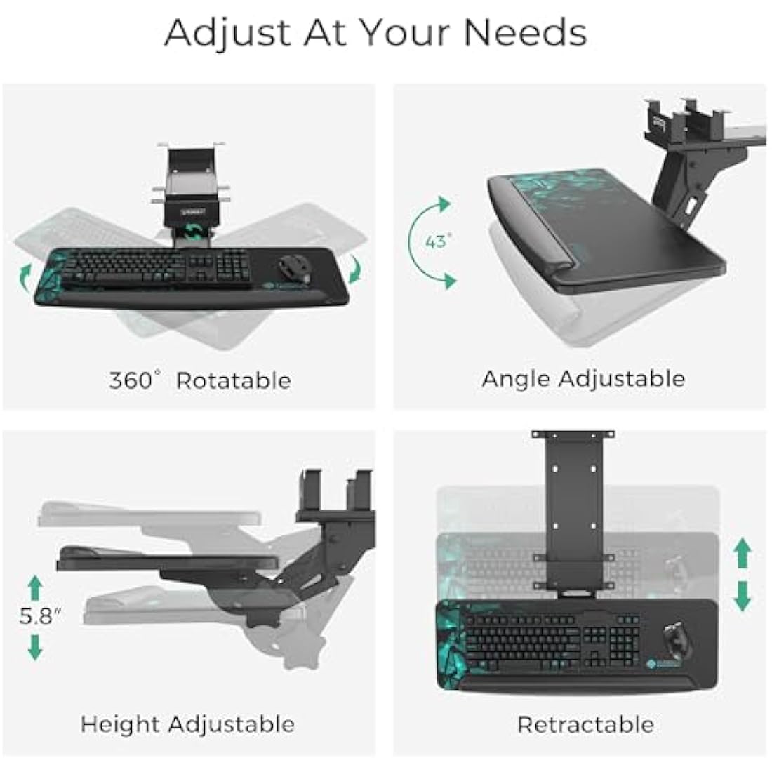 EUREKA ERGONOMIC Computer Keyboard Tray, Height Adjustable Large Black Slide Out Swivel Tilt Under Desk Keyboard Drawer, Ergonomic Keyboard Tray and Mouse Platform with Mouse Pad, Easy to Assemble