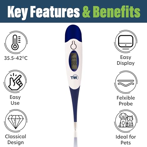 Digital Pet Thermometer For Animal Owners of Dogs Cats Horses Vets Flexible Temperature Probe Includes Veterinary Hobdays Chart