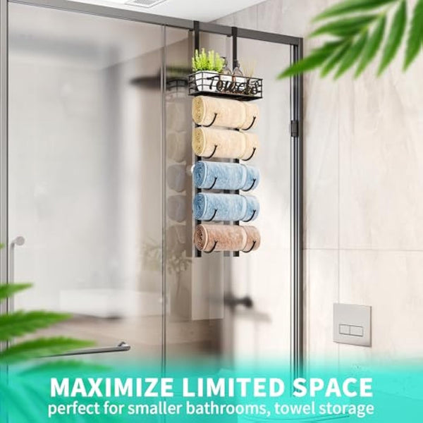 HapiRm Over Door Towel Rack - Towel Storage Rack Wall Mounted with Metal Shelf Basket, 6-Tier Over Door Towel Rail & Bathroom Storage Organiser Towel Holder for Small Bathroom, Camper, Rv