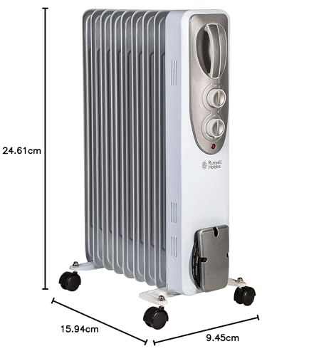 Russell Hobbs 1500W/1.5KW Oil Filled Radiator, 7 Fin Portable Electric Heater - White, Adjustable Thermostat with 3 Heat Settings, Safety Cut-off, 15 m sq Room Size, RHOFR5001, 2 Year Guarantee
