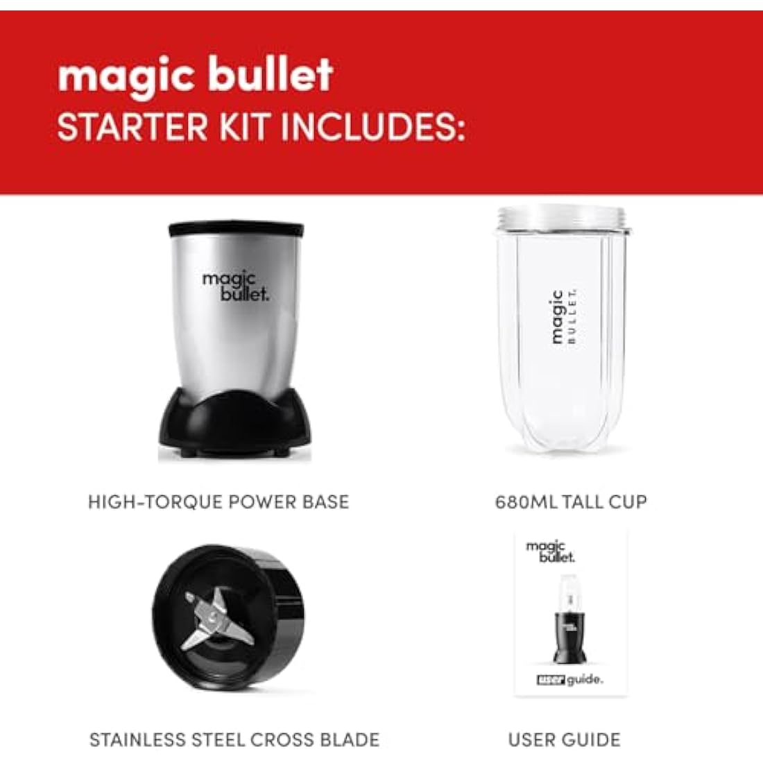 nutribullet magic bullet Starter Kit - All-in-one Food Processor & Blender - 10,000 RPM Speed - 4 Piece Kit with High Torque Power Base, Tall Cup & Flip Top Lid & Cross Blade - For Meal Prep