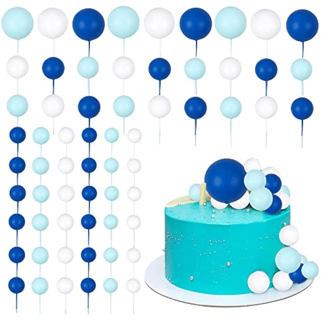 Gyufise 30Pcs Ball Cake Picks Colorful Ball Shaped Cake Topper Mini Balloons Pearl Balls Cupcake Picks Ball Cake Insert Topper for Birthday Party Wedding Decoration Supplies Blue White Dark Blue