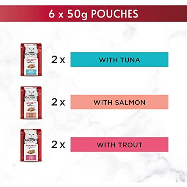 Gourmet Mon Petit Intense Tuna, Salmon and Trout Adult Wet Cat Food 6x50g, Pack of 8
