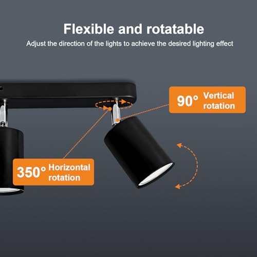 Sweier 4 Way Rotatable Black GU10 Ceiling Spotlight, 4x5W Cool White 6000K Adjustable Ceiling Light (Bulb Provided), Black Spotlights Strip for Living Room, Bedroom, Hallway, Kids Room, Kitchen