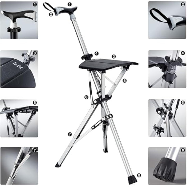 Ta-Da Chair - Walking Stick with Seat, Ultra-Light Aluminium Frame & Sturdy Foldable Stool (up to 110kg), Collapsable Folding Design, Ideal for Travel & Sightseeing