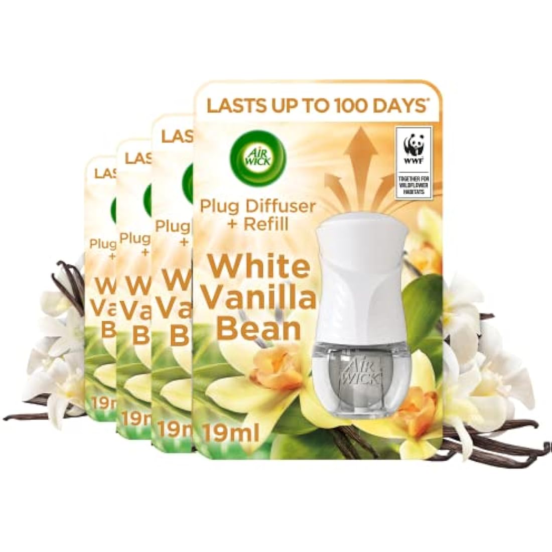Air Wick| White Vanilla Bean| Plug in Electrical Essential Oils Air Freshener Kit Gadget and Refill| Pack of 4